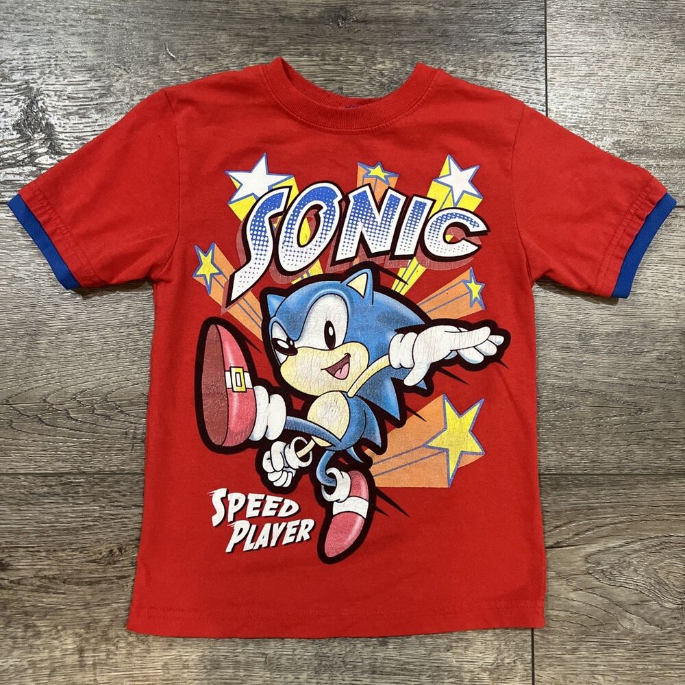Vintage Y2K Sonic Speed Player Two Sleeve Red Graphic T-Shirt Hedgehog Kids 4/5